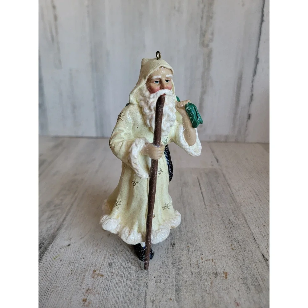 Santa‎ Claus white robe folk art rustic ornament Xmas glitter